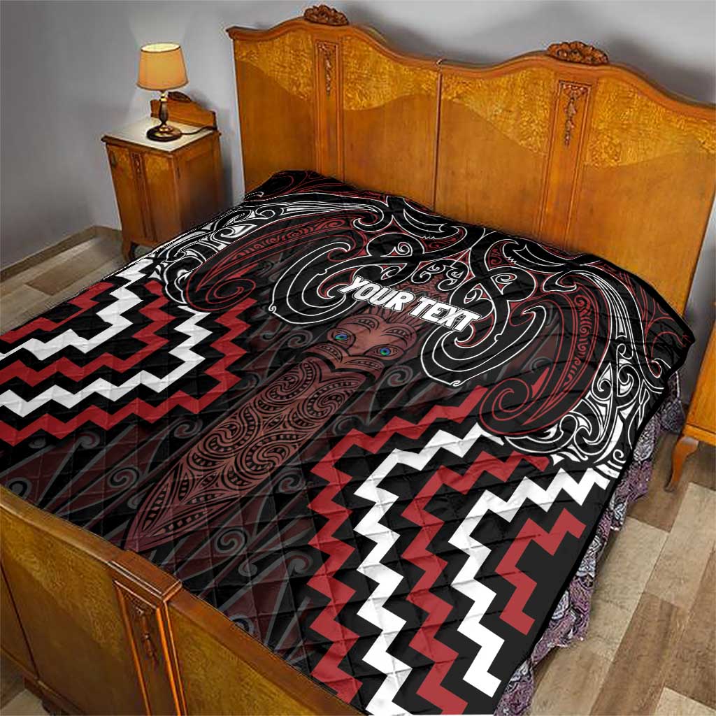 Maori Taiaha Whakairo Personalized Quilt Red Poutama Motifs