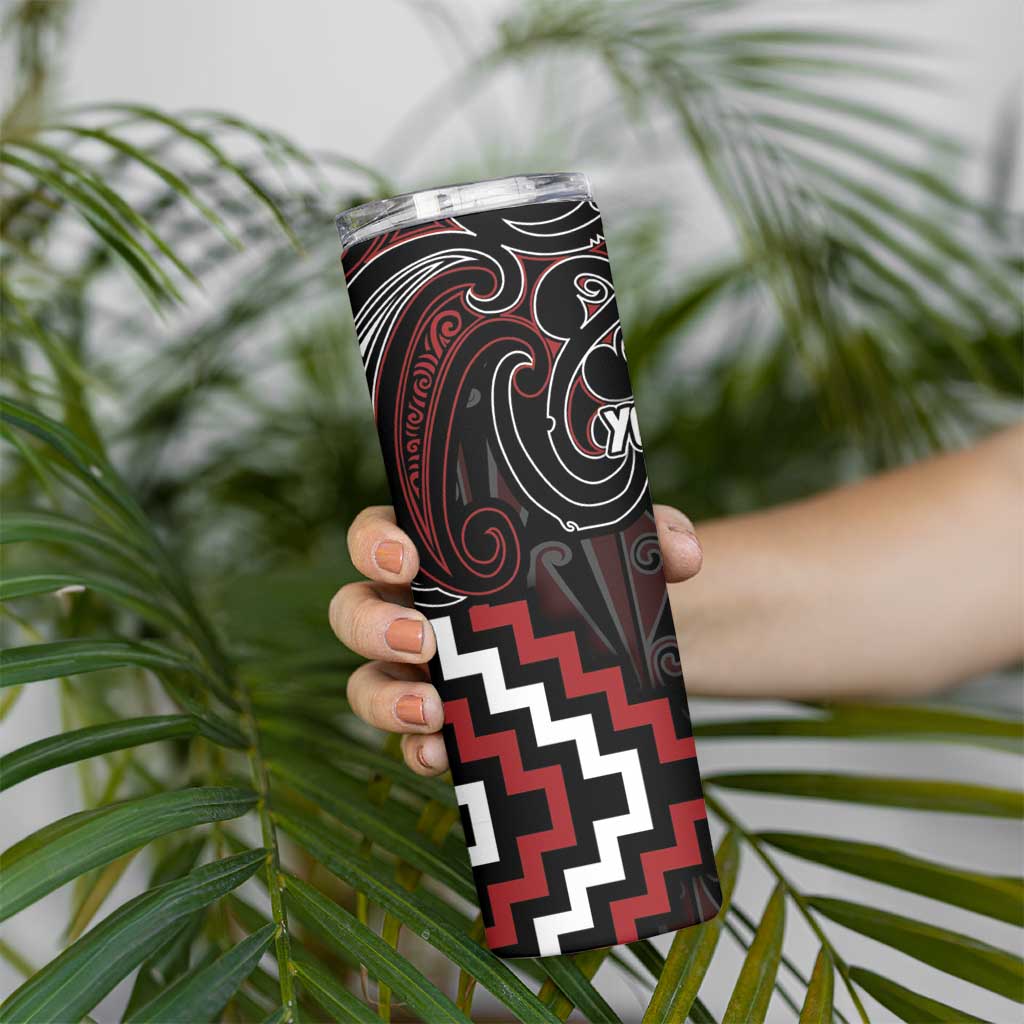Maori Taiaha Whakairo Personalized Skinny Tumbler Red Poutama Motifs