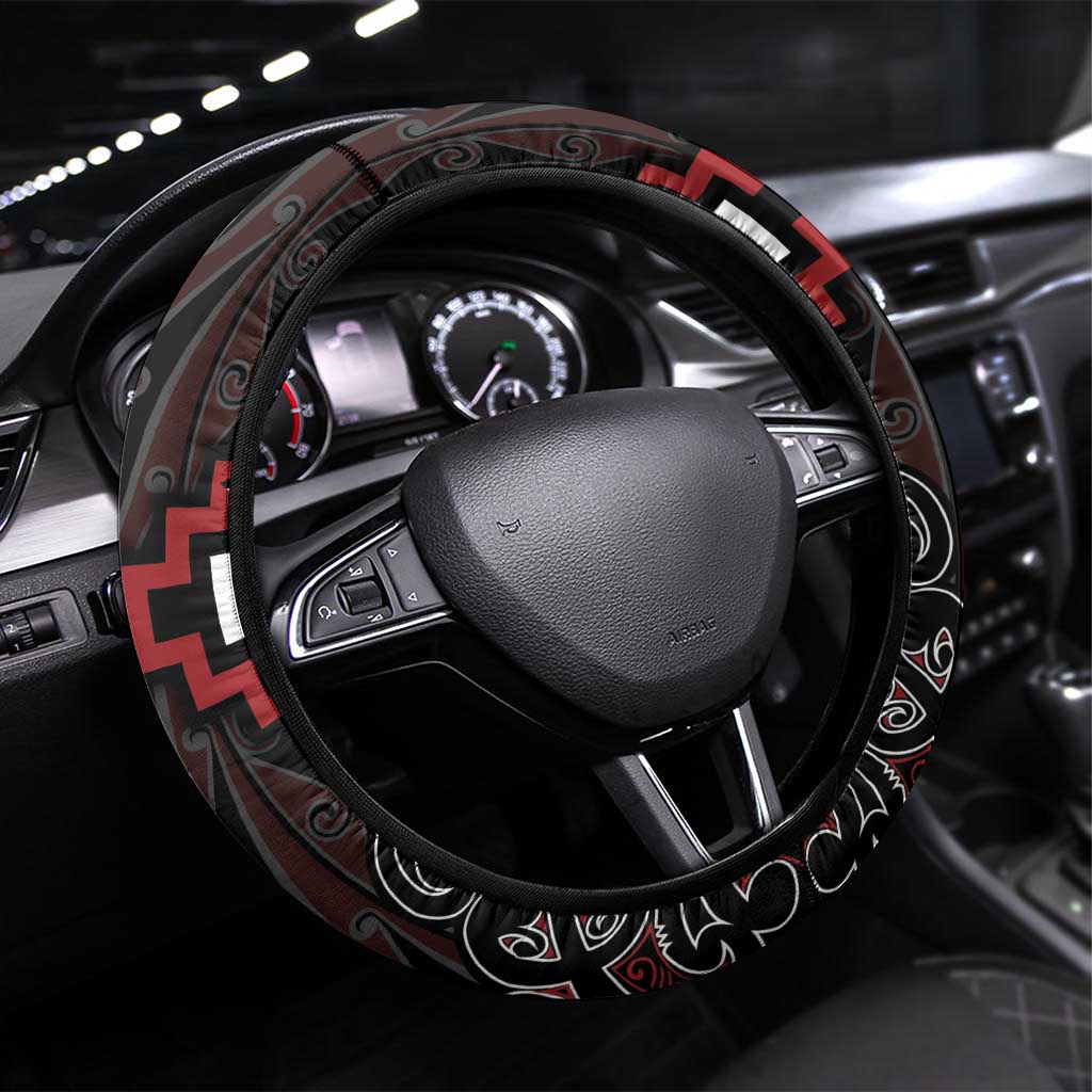 Maori Taiaha Whakairo Steering Wheel Cover Red Poutama Motifs LT7 Universal Fit Red - Polynesian Pride