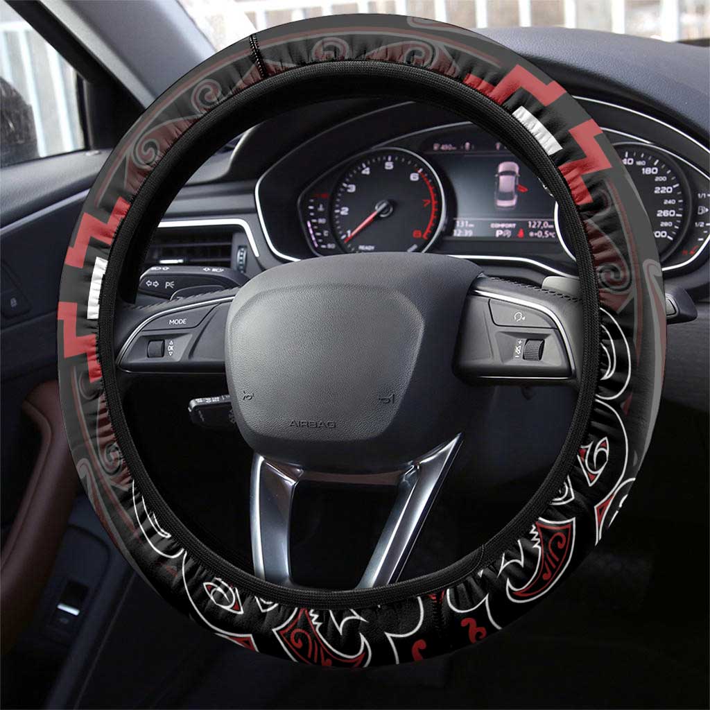 Maori Taiaha Whakairo Steering Wheel Cover Red Poutama Motifs LT7 - Polynesian Pride