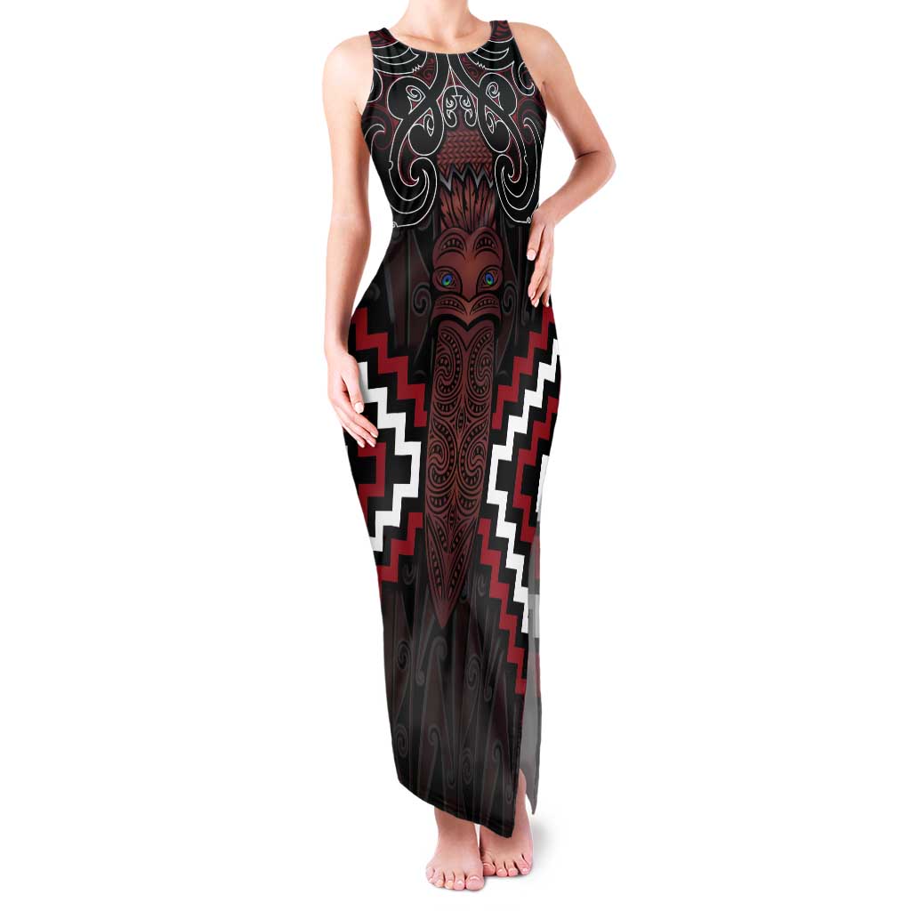 Maori Taiaha Whakairo Personalized Tank Maxi Dress Red Poutama Motifs