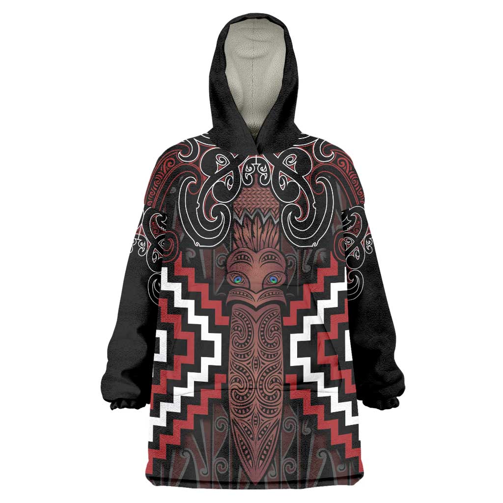 Maori Taiaha Whakairo Personalized Wearable Blanket Hoodie Red Poutama Motifs LT7 One Size Red - Polynesian Pride