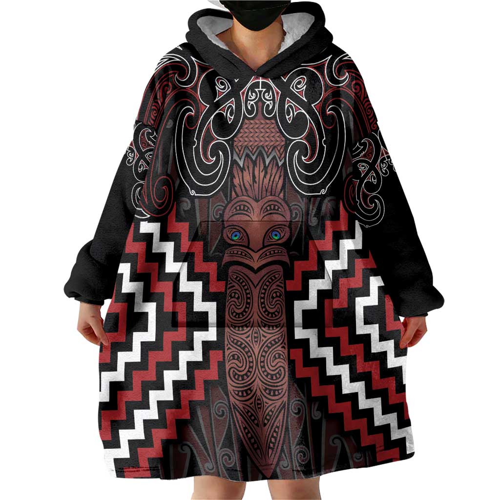 Maori Taiaha Whakairo Personalized Wearable Blanket Hoodie Red Poutama Motifs LT7 - Polynesian Pride