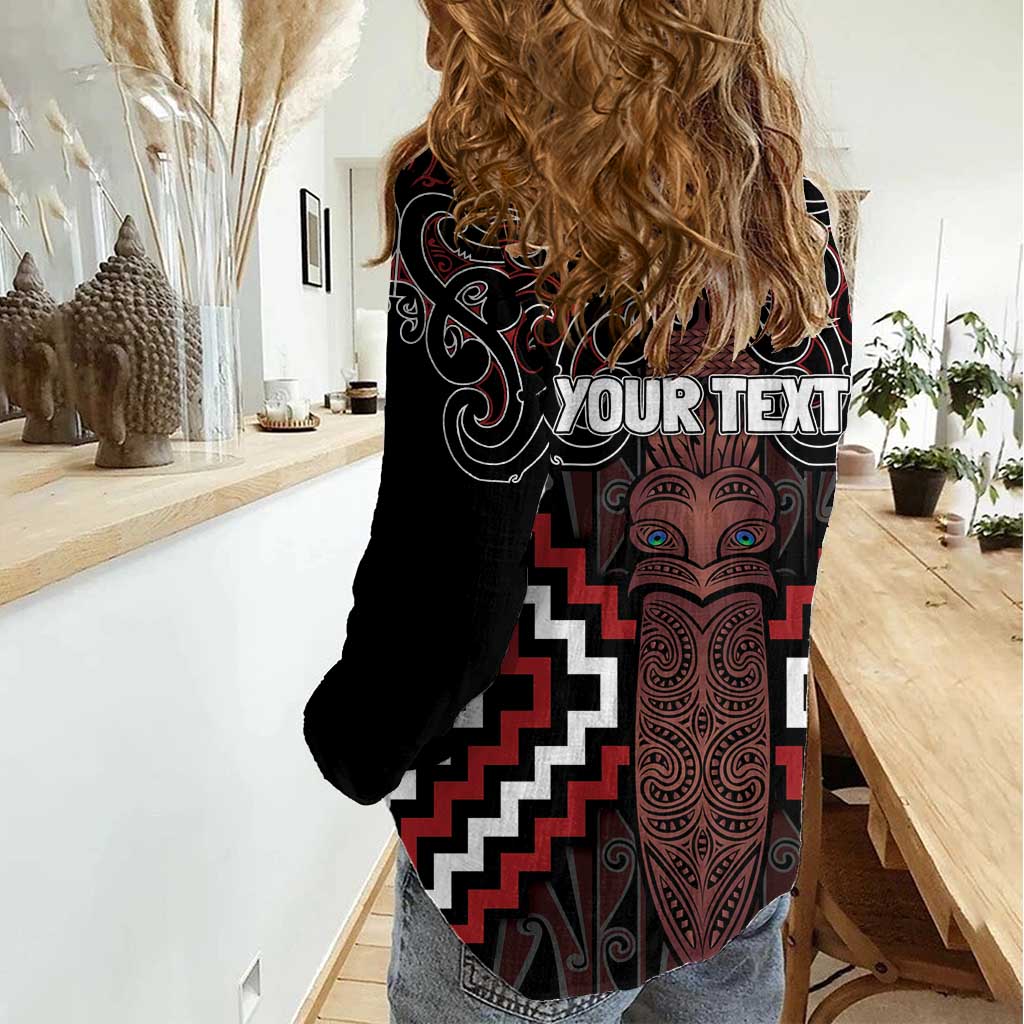Maori Taiaha Whakairo Personalized Women Casual Shirt Red Poutama Motifs