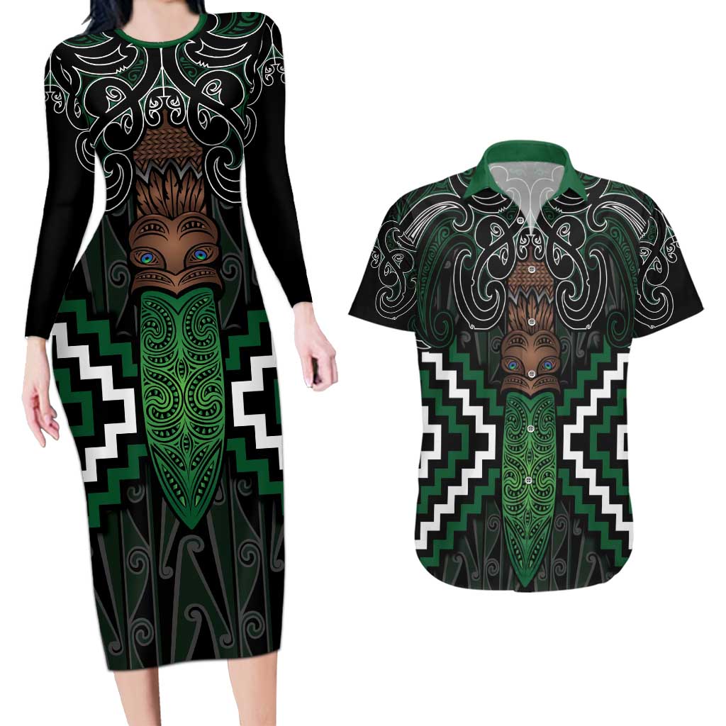Maori Taiaha Pounamu Whakairo Personalized Couples Matching Long Sleeve Bodycon Dress and Hawaiian Shirt Jade Poutama Motifs