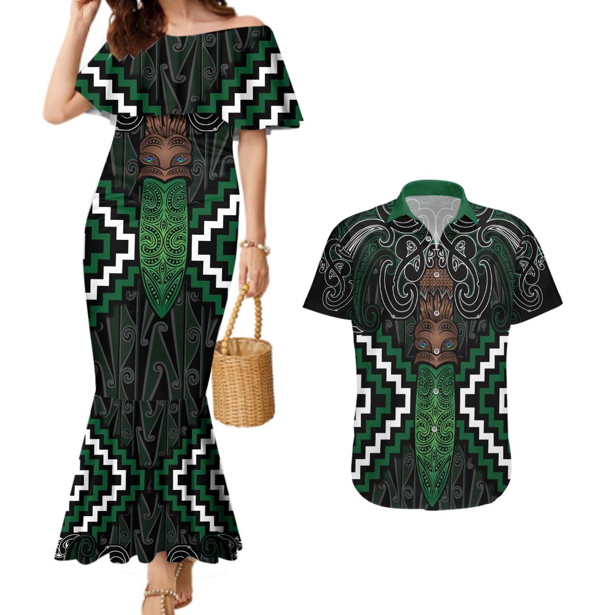 Maori Taiaha Pounamu Whakairo Personalized Couples Matching Mermaid Dress and Hawaiian Shirt Jade Poutama Motifs