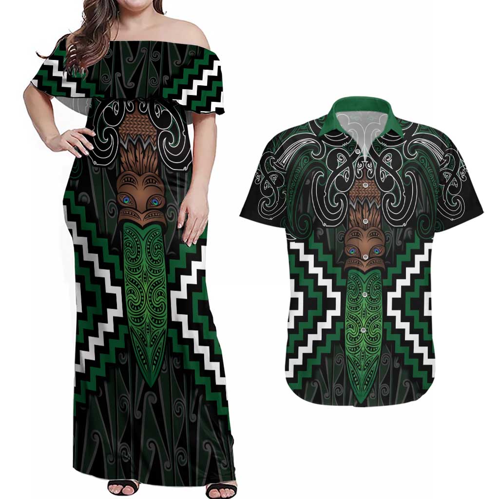 Maori Taiaha Pounamu Whakairo Personalized Couples Matching Off Shoulder Maxi Dress and Hawaiian Shirt Jade Poutama Motifs