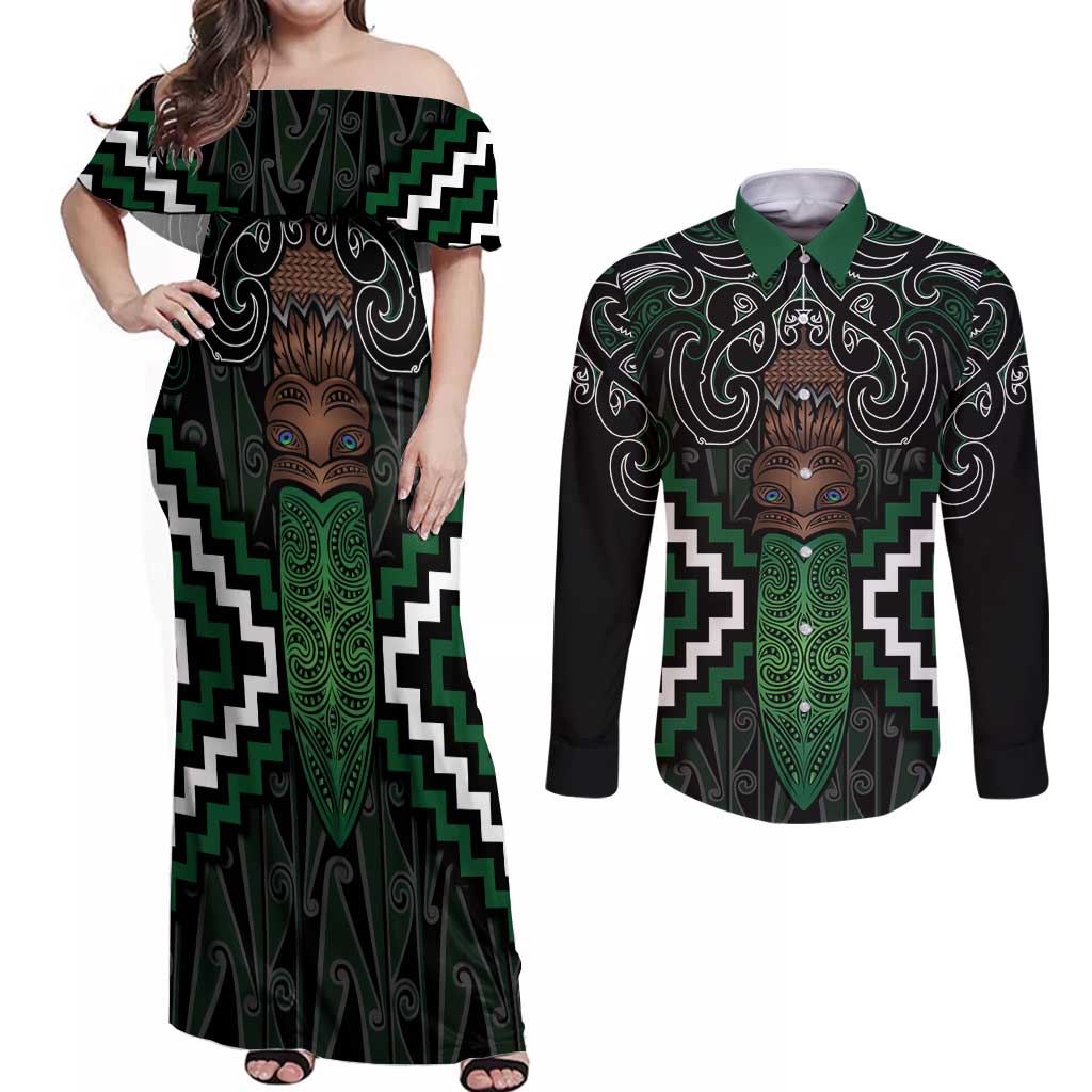 Maori Taiaha Pounamu Whakairo Personalized Couples Matching Off Shoulder Maxi Dress and Long Sleeve Button Shirt Jade Poutama Motifs