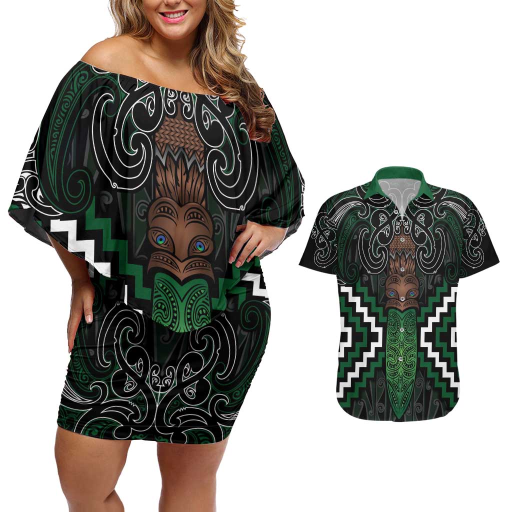 Maori Taiaha Pounamu Whakairo Personalized Couples Matching Off Shoulder Short Dress and Hawaiian Shirt Jade Poutama Motifs