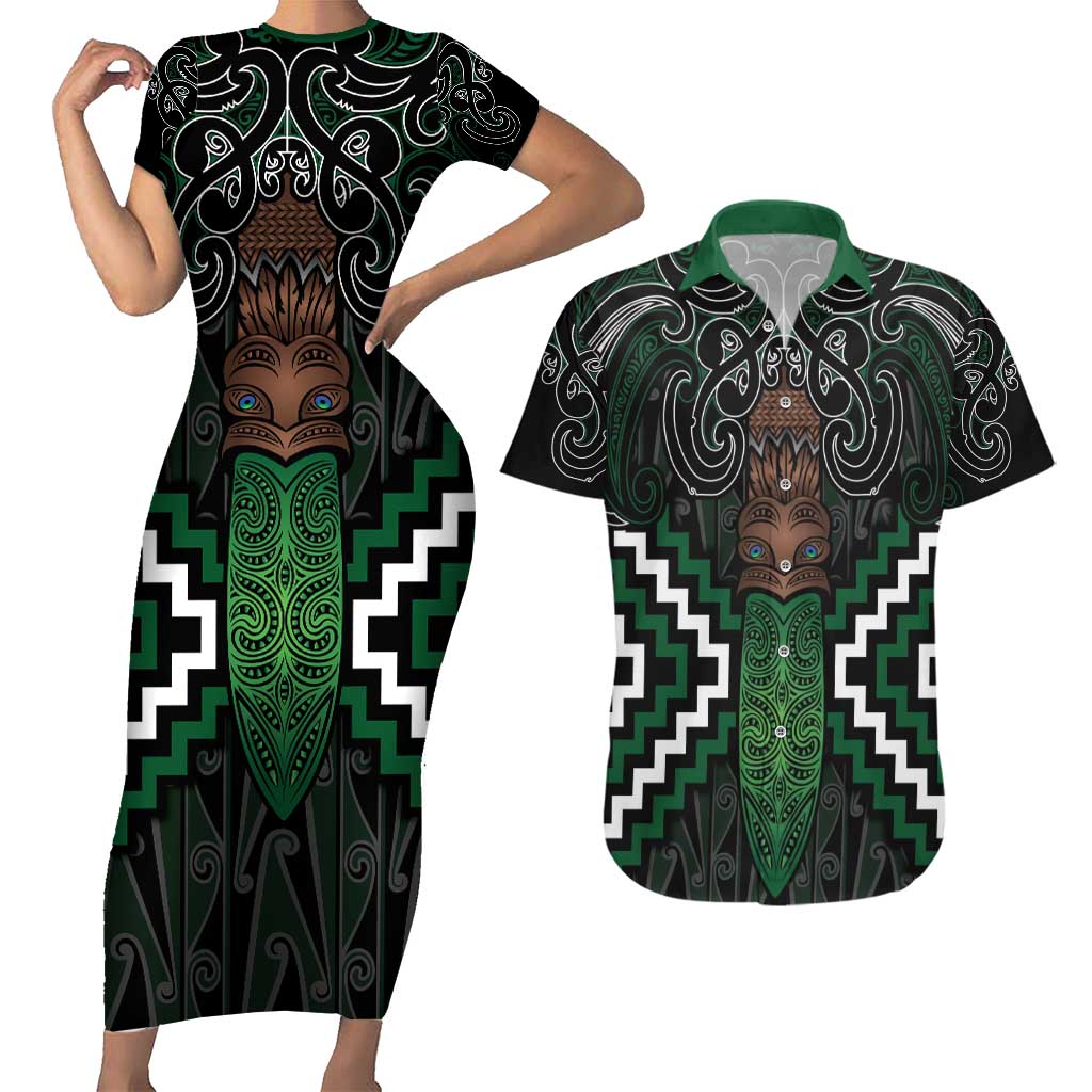 Maori Taiaha Pounamu Whakairo Personalized Couples Matching Short Sleeve Bodycon Dress and Hawaiian Shirt Jade Poutama Motifs