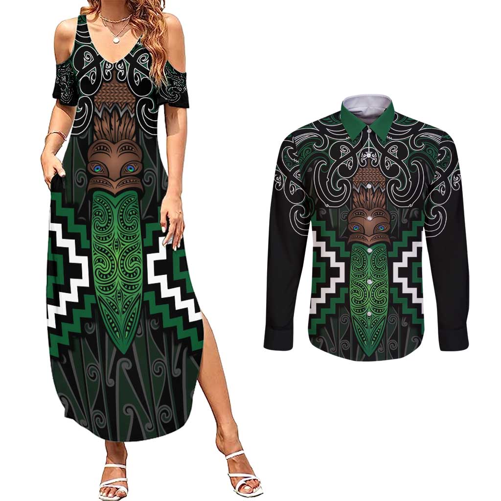 Maori Taiaha Pounamu Whakairo Personalized Couples Matching Summer Maxi Dress and Long Sleeve Button Shirt Jade Poutama Motifs