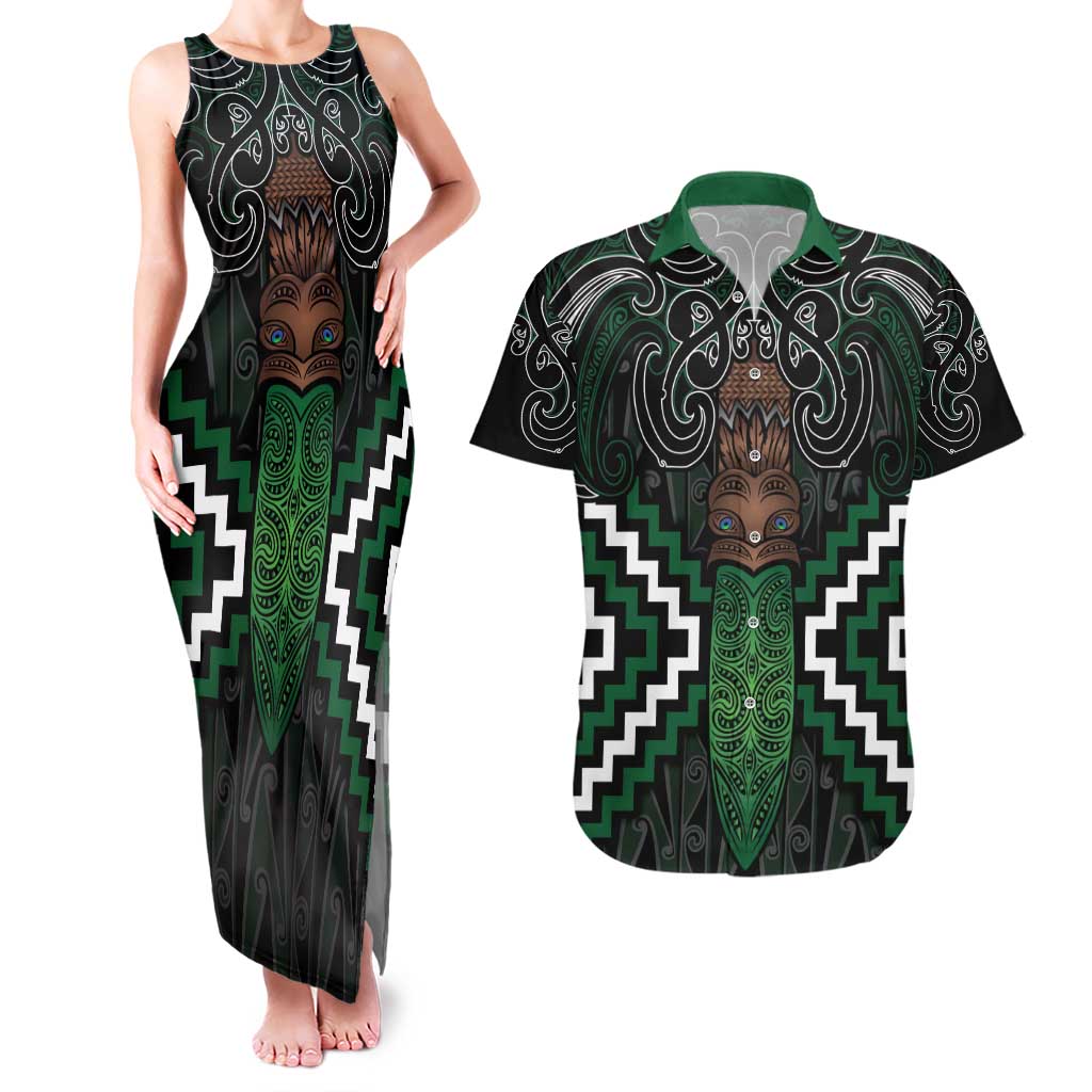 Maori Taiaha Pounamu Whakairo Personalized Couples Matching Tank Maxi Dress and Hawaiian Shirt Jade Poutama Motifs