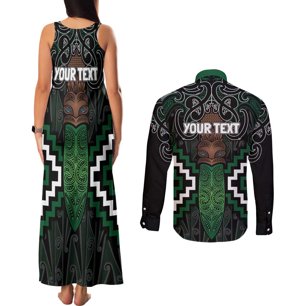 Maori Taiaha Pounamu Whakairo Personalized Couples Matching Tank Maxi Dress and Long Sleeve Button Shirt Jade Poutama Motifs
