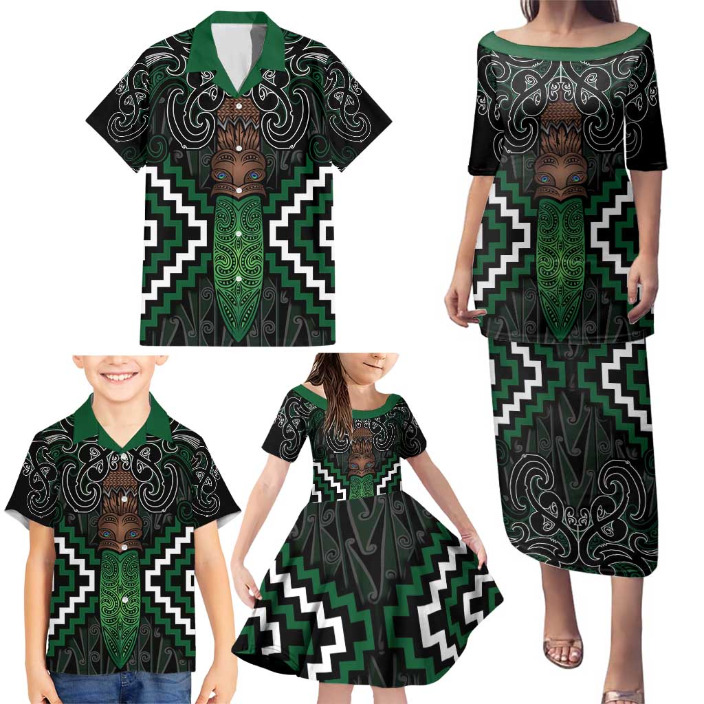 Maori Taiaha Pounamu Whakairo Personalized Family Matching Puletasi and Hawaiian Shirt Jade Poutama Motifs