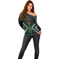 Maori Taiaha Pounamu Whakairo Personalized Off Shoulder Sweater Jade Poutama Motifs