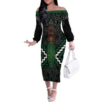 Maori Taiaha Pounamu Whakairo Personalized Off The Shoulder Long Sleeve Dress Jade Poutama Motifs
