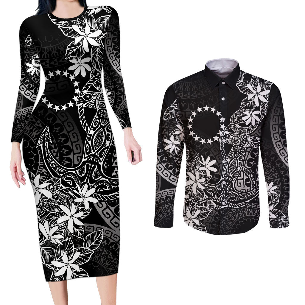 Black Kuki Airani Tapakau Couples Matching Long Sleeve Bodycon Dress and Long Sleeve Button Shirt Tribal Anchor Mix Tiare