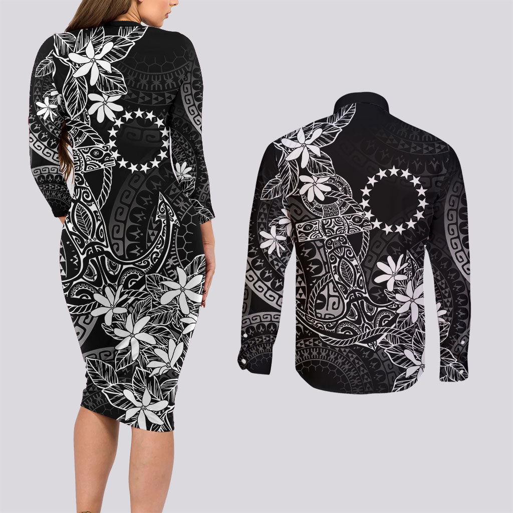 Black Kuki Airani Tapakau Couples Matching Long Sleeve Bodycon Dress and Long Sleeve Button Shirt Tribal Anchor Mix Tiare