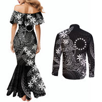 Black Kuki Airani Tapakau Couples Matching Mermaid Dress and Long Sleeve Button Shirt Tribal Anchor Mix Tiare
