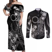Black Kuki Airani Tapakau Couples Matching Off Shoulder Maxi Dress and Long Sleeve Button Shirt Tribal Anchor Mix Tiare