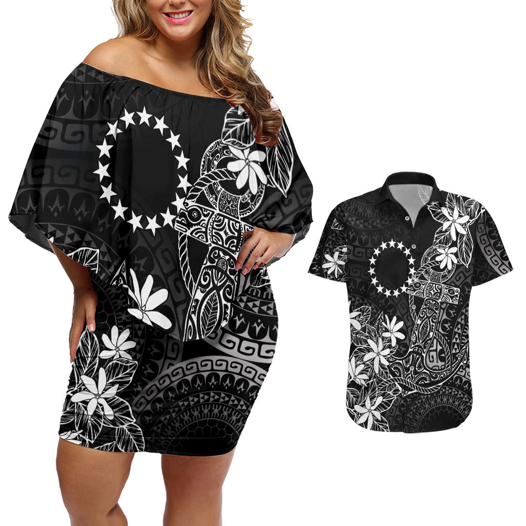 Black Kuki Airani Tapakau Couples Matching Off Shoulder Short Dress and Hawaiian Shirt Tribal Anchor Mix Tiare