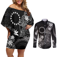 Black Kuki Airani Tapakau Couples Matching Off Shoulder Short Dress and Long Sleeve Button Shirt Tribal Anchor Mix Tiare