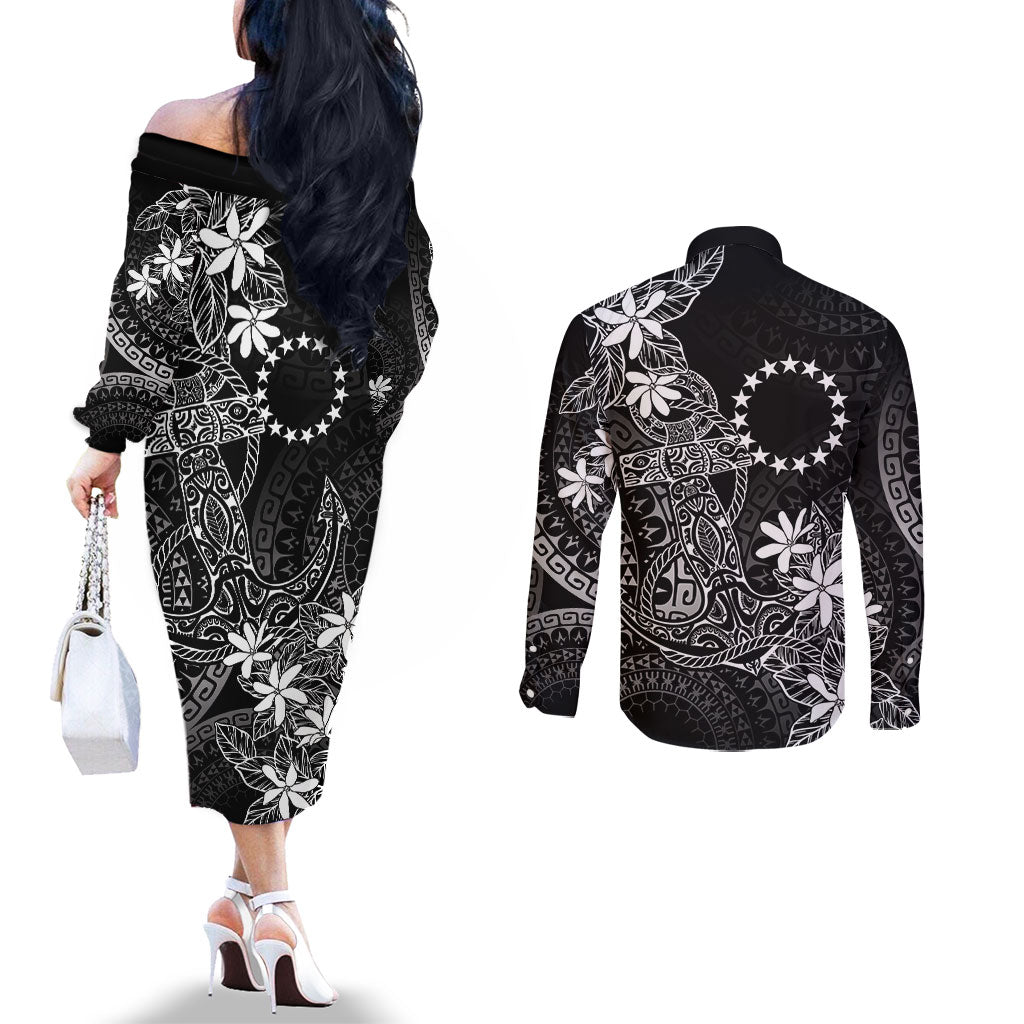 Black Kuki Airani Tapakau Couples Matching Off The Shoulder Long Sleeve Dress and Long Sleeve Button Shirt Tribal Anchor Mix Tiare