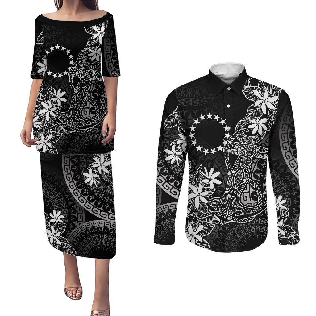 Black Kuki Airani Tapakau Couples Matching Puletasi and Long Sleeve Button Shirt Tribal Anchor Mix Tiare LT7 Black - Polynesian Pride