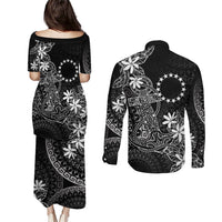 Black Kuki Airani Tapakau Couples Matching Puletasi and Long Sleeve Button Shirt Tribal Anchor Mix Tiare