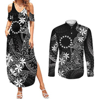 Black Kuki Airani Tapakau Couples Matching Summer Maxi Dress and Long Sleeve Button Shirt Tribal Anchor Mix Tiare