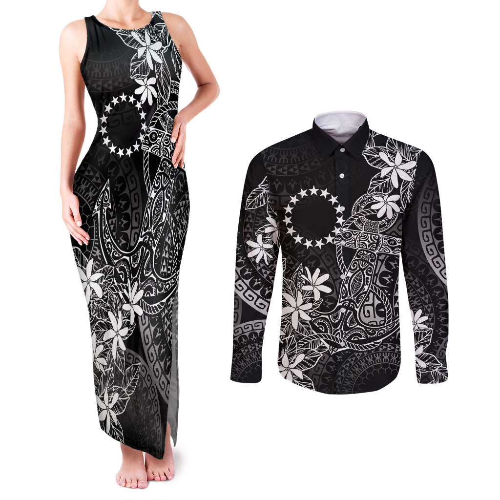 Black Kuki Airani Tapakau Couples Matching Tank Maxi Dress and Long Sleeve Button Shirt Tribal Anchor Mix Tiare