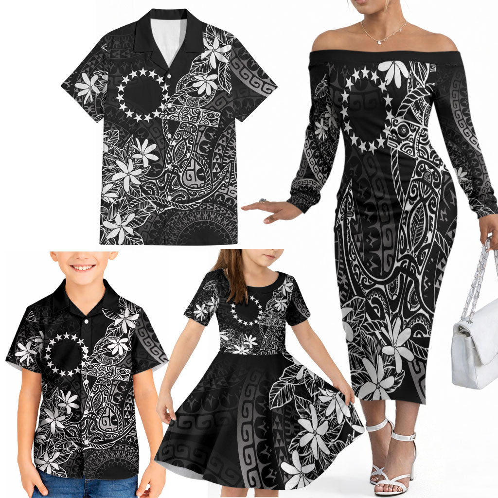 Black Kuki Airani Tapakau Family Matching Off The Shoulder Long Sleeve Dress and Hawaiian Shirt Tribal Anchor Mix Tiare LT7 - Polynesian Pride