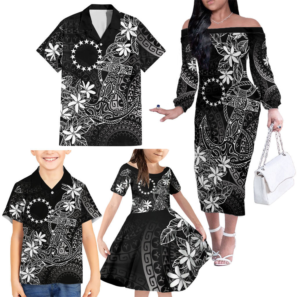 Black Kuki Airani Tapakau Family Matching Off The Shoulder Long Sleeve Dress and Hawaiian Shirt Tribal Anchor Mix Tiare LT7 - Polynesian Pride
