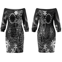 Black Kuki Airani Tapakau Family Matching Off The Shoulder Long Sleeve Dress and Hawaiian Shirt Tribal Anchor Mix Tiare LT7 Mom's Dress Black - Polynesian Pride