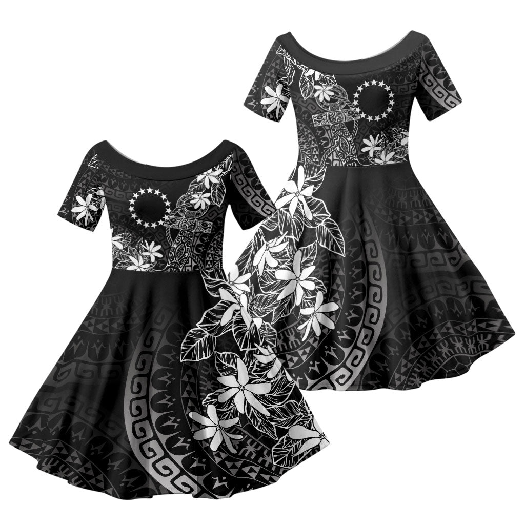 Black Kuki Airani Tapakau Family Matching Off The Shoulder Long Sleeve Dress and Hawaiian Shirt Tribal Anchor Mix Tiare LT7 Daughter's Dress Black - Polynesian Pride