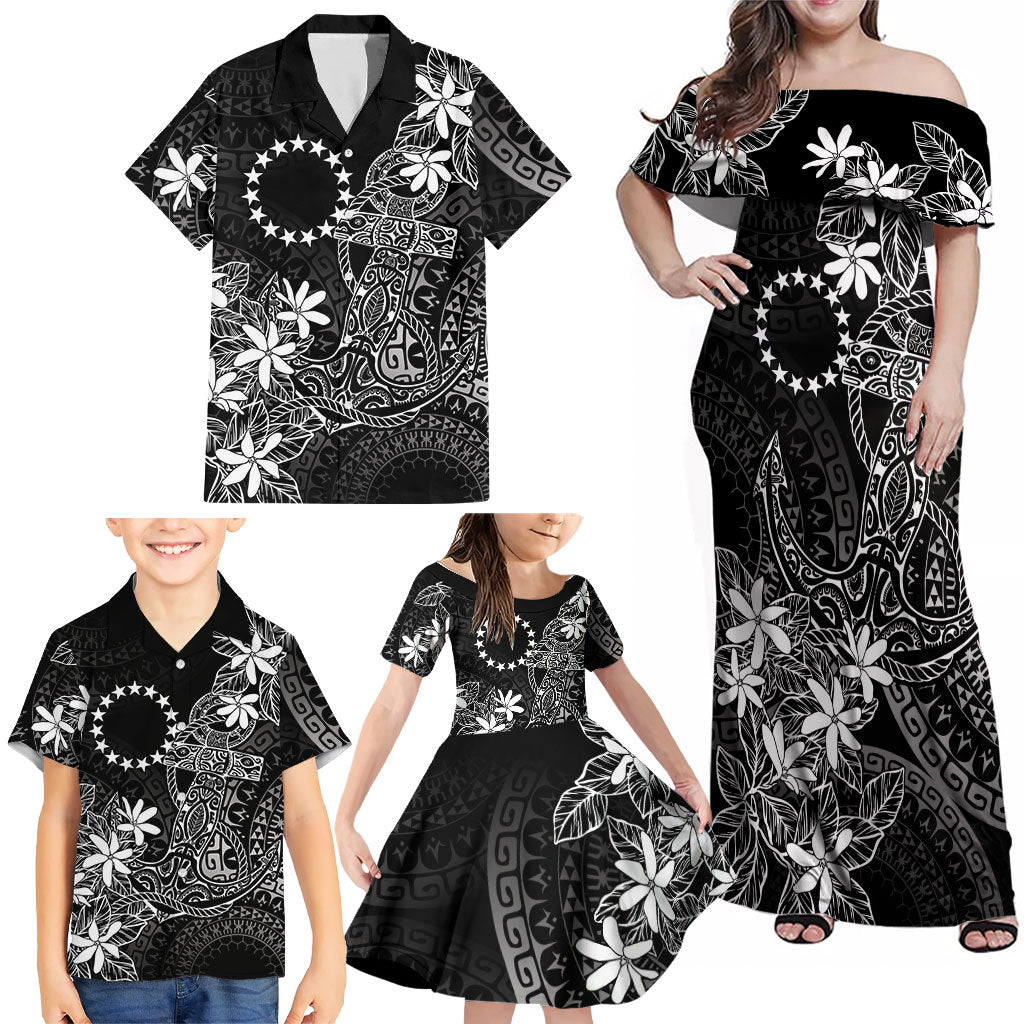 Black Kuki Airani Tapakau Family Matching Off Shoulder Maxi Dress and Hawaiian Shirt Tribal Anchor Mix Tiare