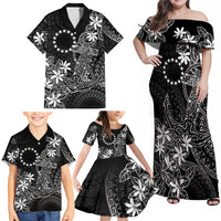 Black Kuki Airani Tapakau Family Matching Off Shoulder Maxi Dress and Hawaiian Shirt Tribal Anchor Mix Tiare