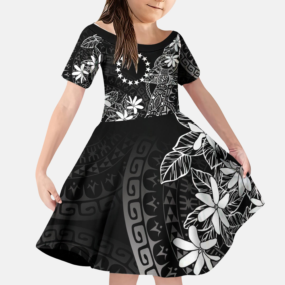 Black Kuki Airani Tapakau Kid Short Sleeve Dress Tribal Anchor Mix Tiare