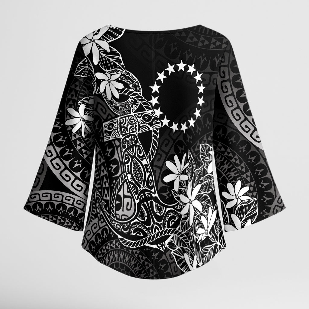 Black Kuki Airani Tapakau Kimono Sleeve Blouse Tribal Anchor Mix Tiare LT7 - Polynesian Pride