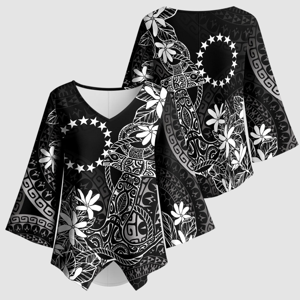 Black Kuki Airani Tapakau Kimono Sleeve Blouse Tribal Anchor Mix Tiare LT7 - Polynesian Pride