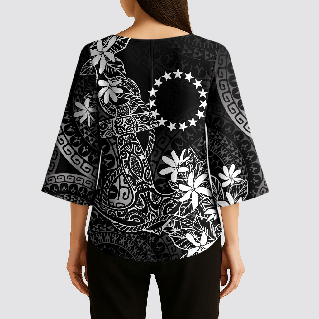 Black Kuki Airani Tapakau Kimono Sleeve Blouse Tribal Anchor Mix Tiare LT7 - Polynesian Pride