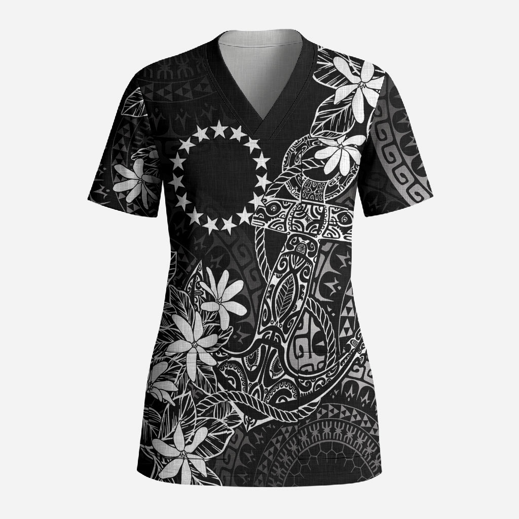 Black Kuki Airani Tapakau Scrub Top Tribal Anchor Mix Tiare LT7 Adult Black - Polynesian Pride
