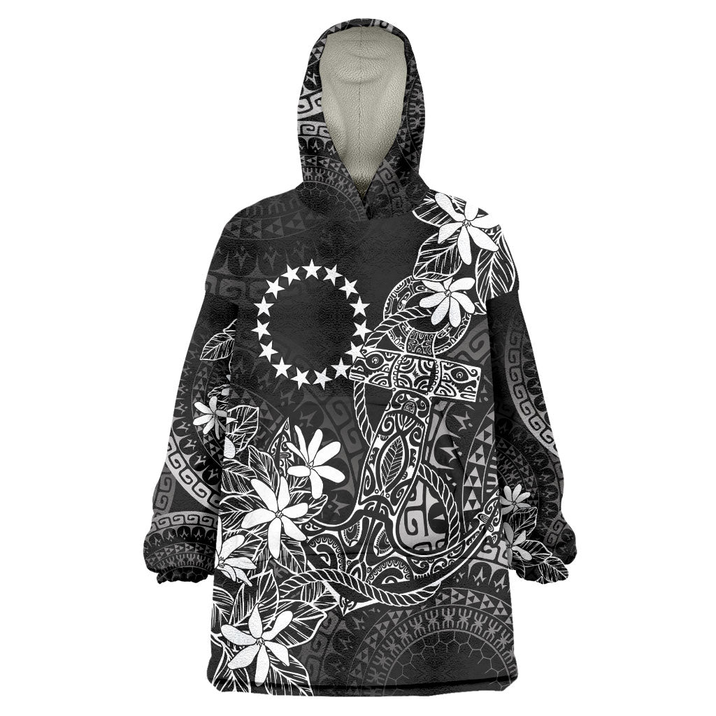 Black Kuki Airani Tapakau Wearable Blanket Hoodie Tribal Anchor Mix Tiare