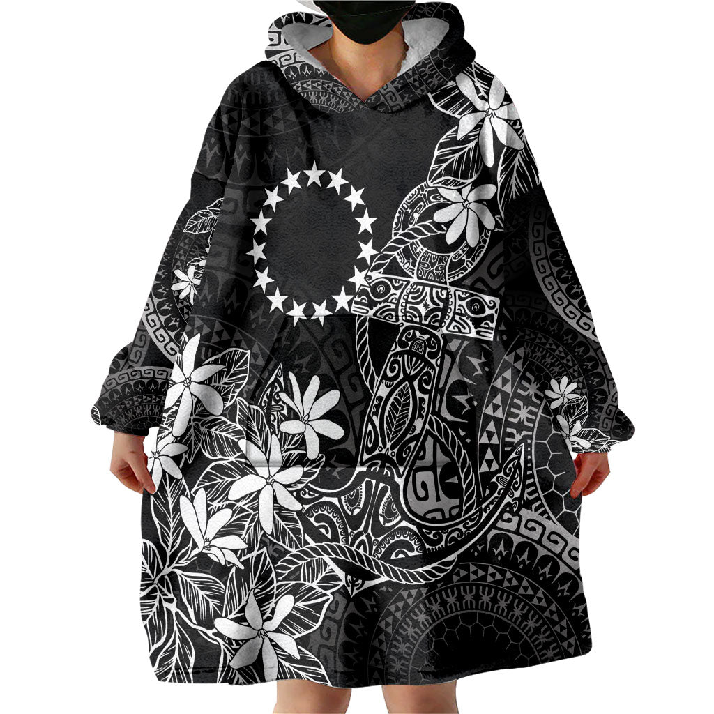 Black Kuki Airani Tapakau Wearable Blanket Hoodie Tribal Anchor Mix Tiare