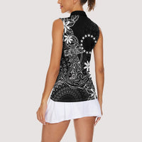 Black Kuki Airani Tapakau Women Sleeveless Polo Shirt Tribal Anchor Mix Tiare
