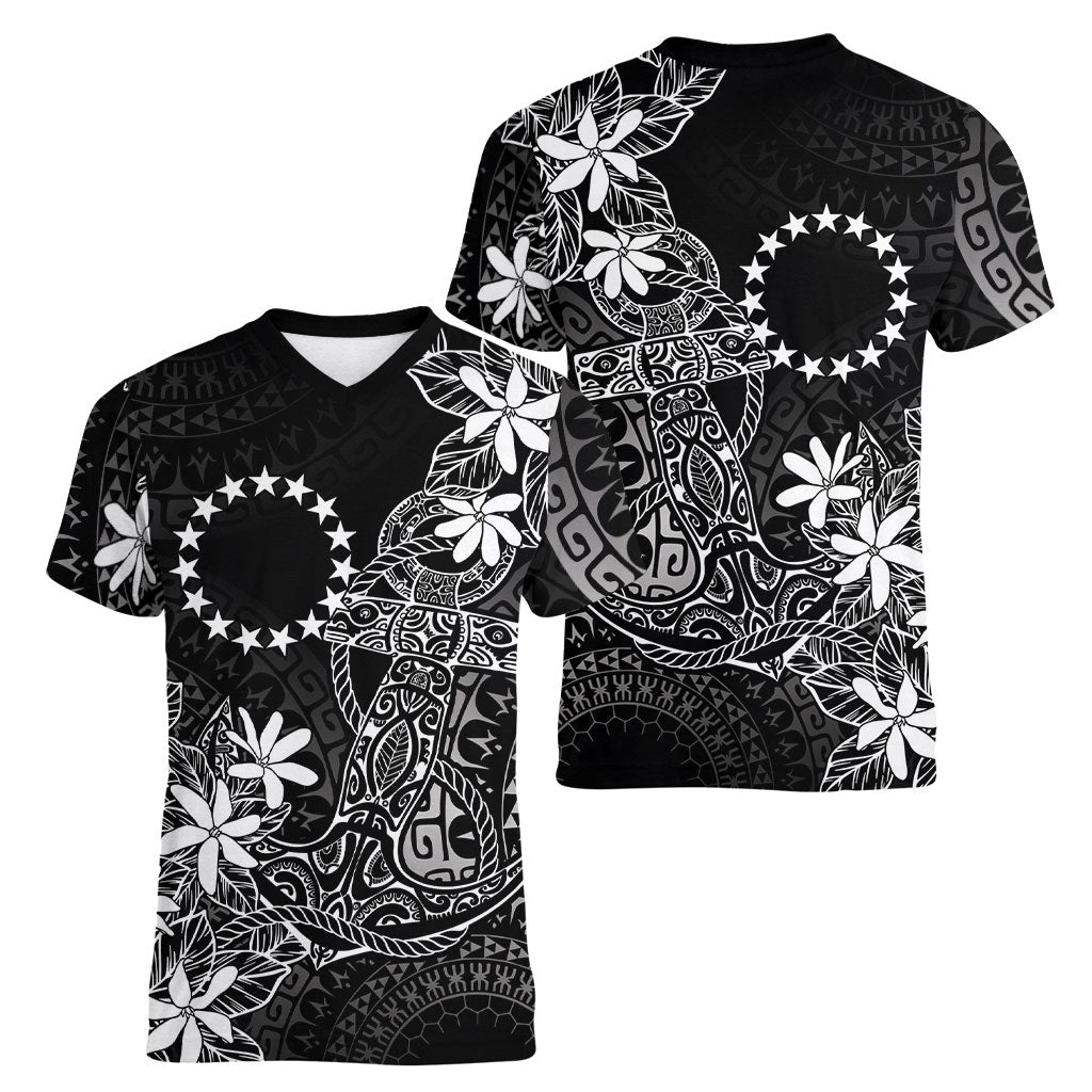 Black Kuki Airani Tapakau Women V-Neck T-Shirt Tribal Anchor Mix Tiare