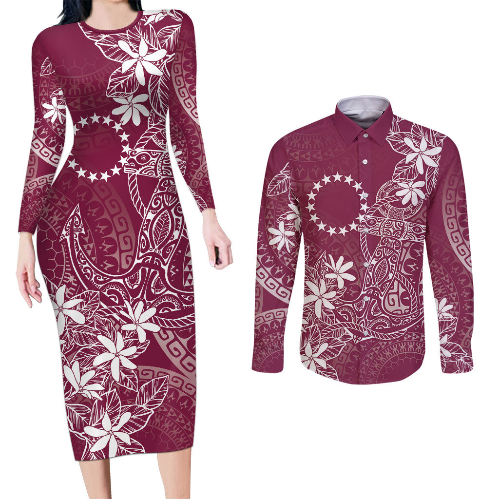 Maroon Kuki Airani Tapakau Couples Matching Long Sleeve Bodycon Dress and Long Sleeve Button Shirt Tribal Anchor Mix Tiare
