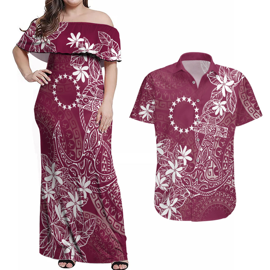 Maroon Kuki Airani Tapakau Couples Matching Off Shoulder Maxi Dress and Hawaiian Shirt Tribal Anchor Mix Tiare LT7 Maroon - Polynesian Pride