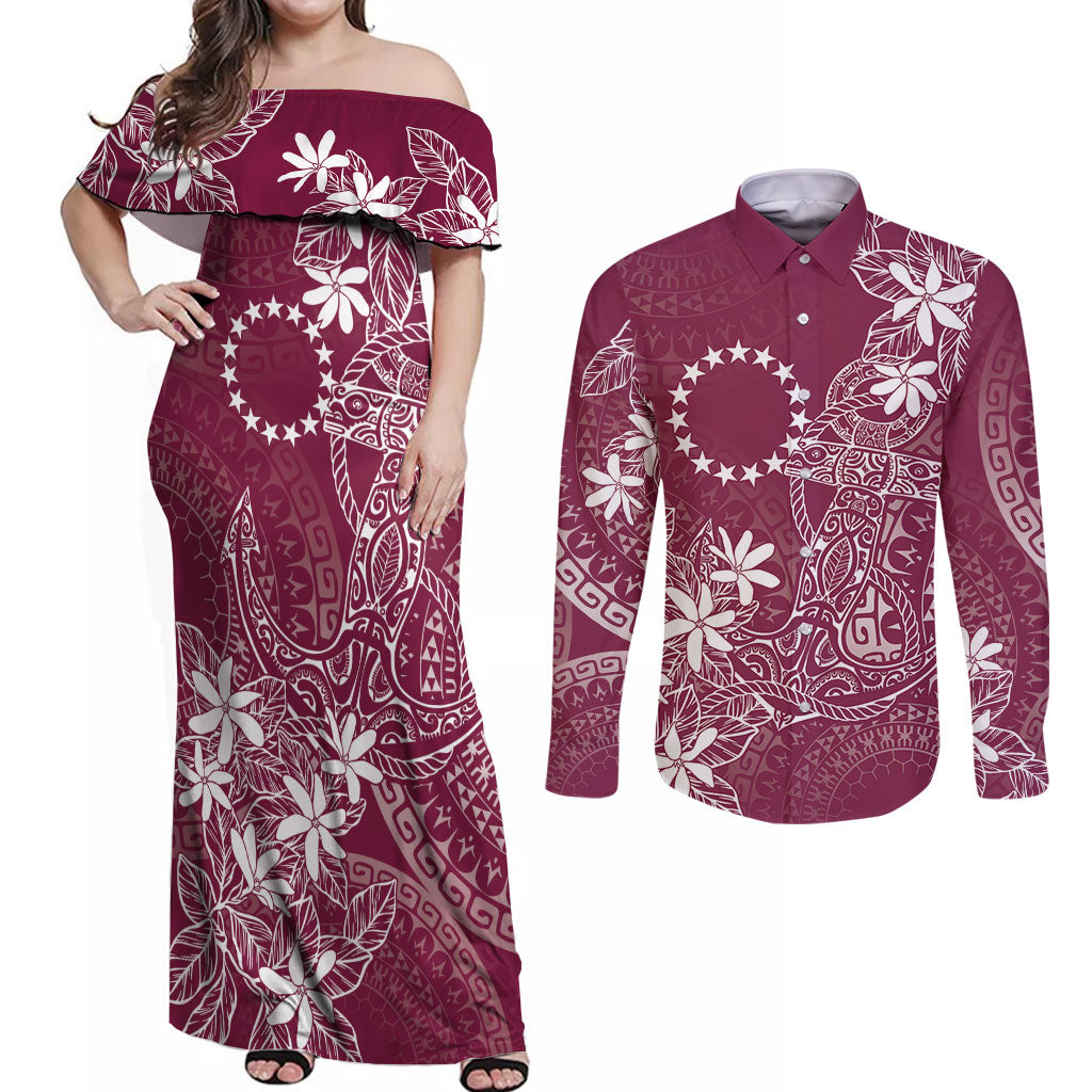 Maroon Kuki Airani Tapakau Couples Matching Off Shoulder Maxi Dress and Long Sleeve Button Shirt Tribal Anchor Mix Tiare