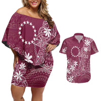 Maroon Kuki Airani Tapakau Couples Matching Off Shoulder Short Dress and Hawaiian Shirt Tribal Anchor Mix Tiare